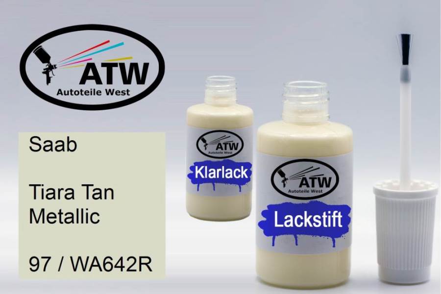 Saab, Tiara Tan Metallic, 97 / WA642R: 20ml Lackstift + 20ml Klarlack - Set, von ATW Autoteile West.